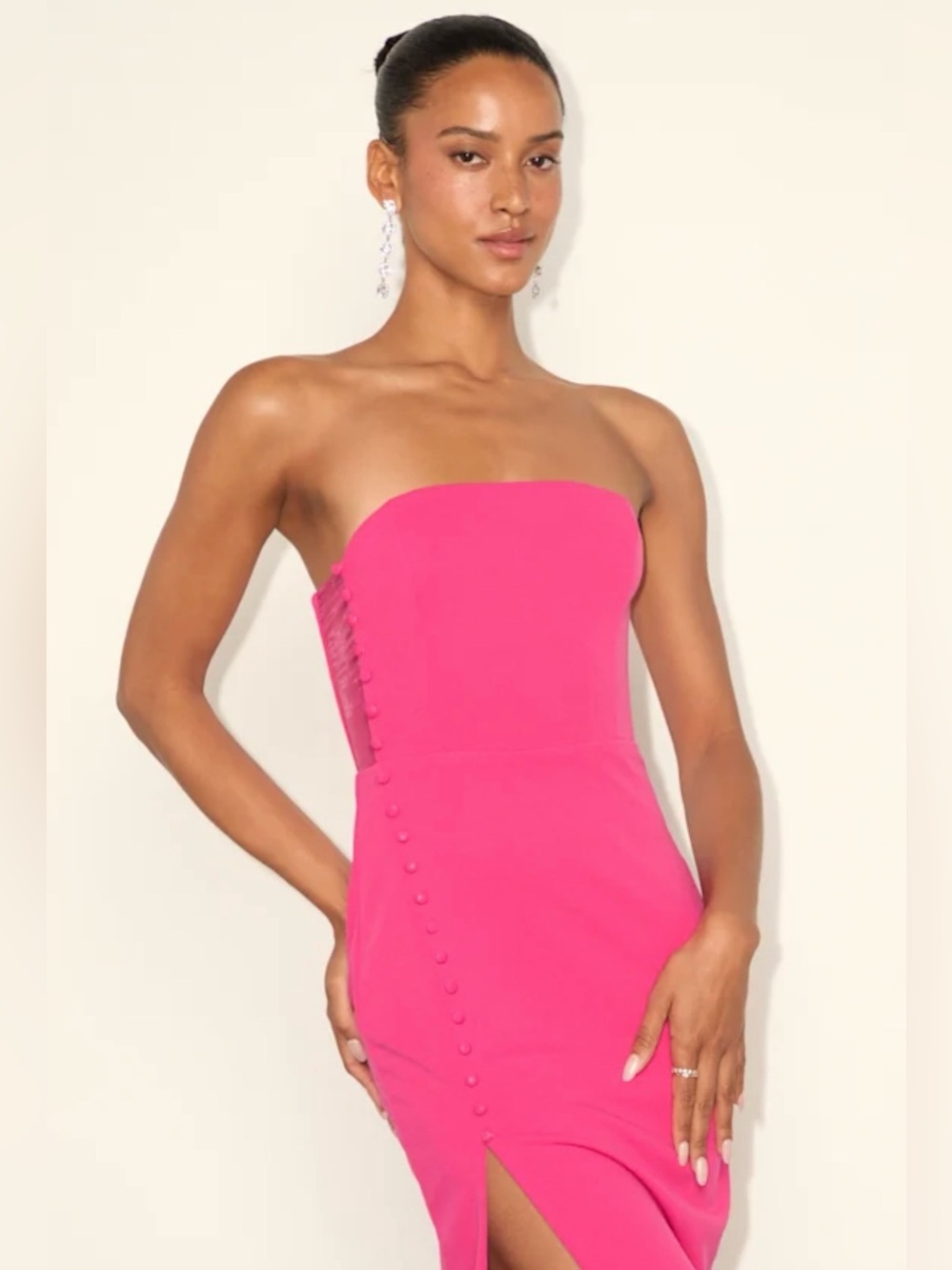 NWT Lulus Strapless Pink Midi Dress with sheer side panel, button details & slit - Picture 3 of 13